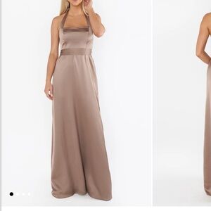 Elegant Satin Halter Dress in Dune Luxe Satin